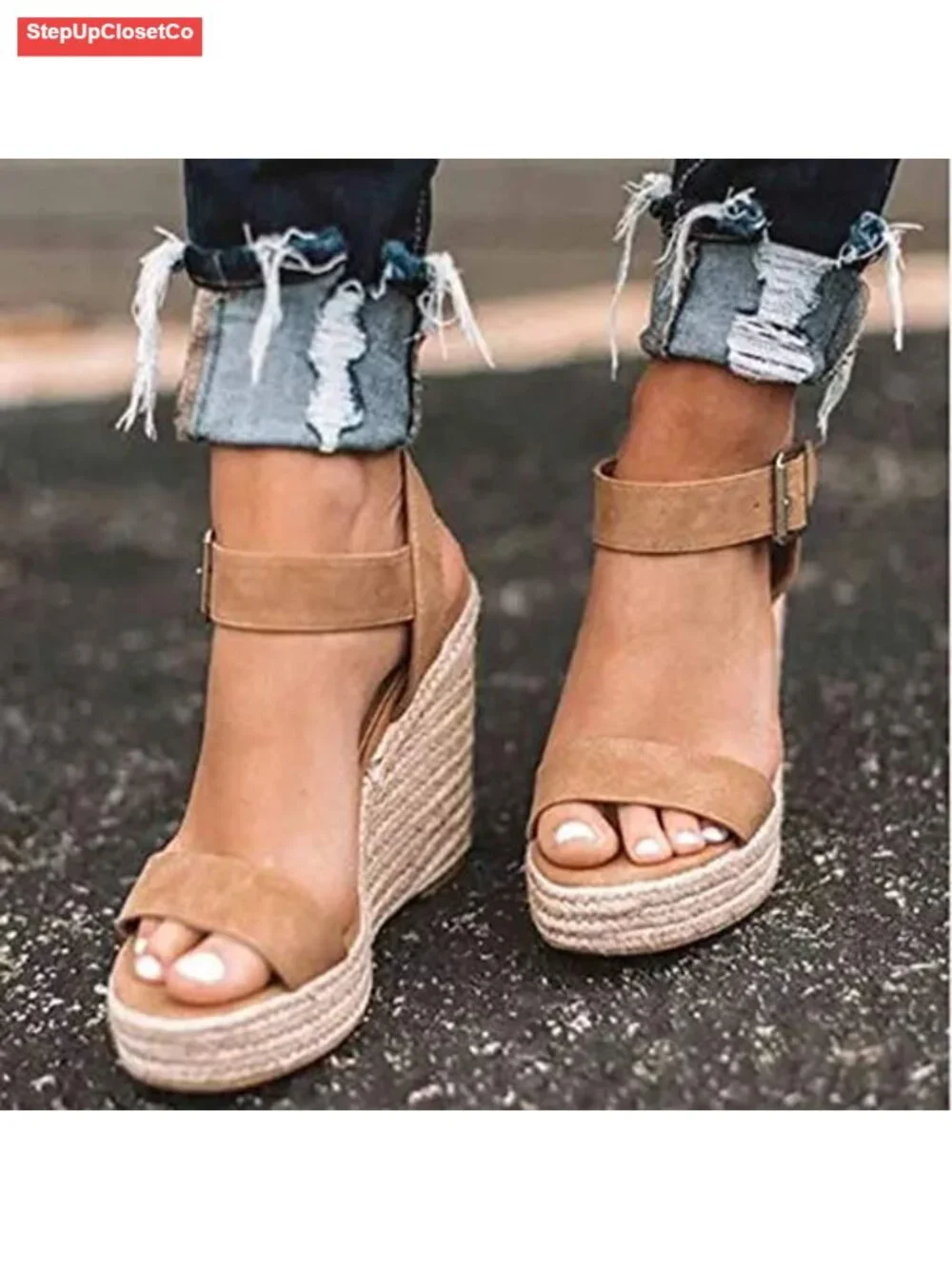 Espadrille Platform Wedge Sandals with Ankle Strap Buckle, Faux Leather, Open